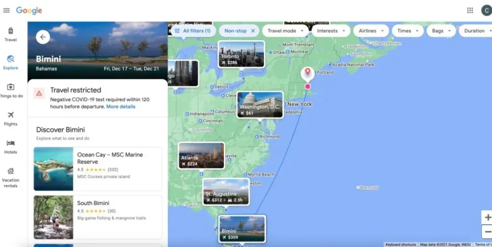Screenshot of a search for nonstop flights from Boston to Bimini on Google Flights
